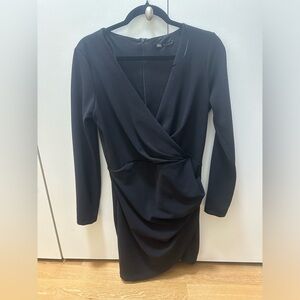 Zara Black Long Sleeve Dress with V-Cut and Draped Mid-Section